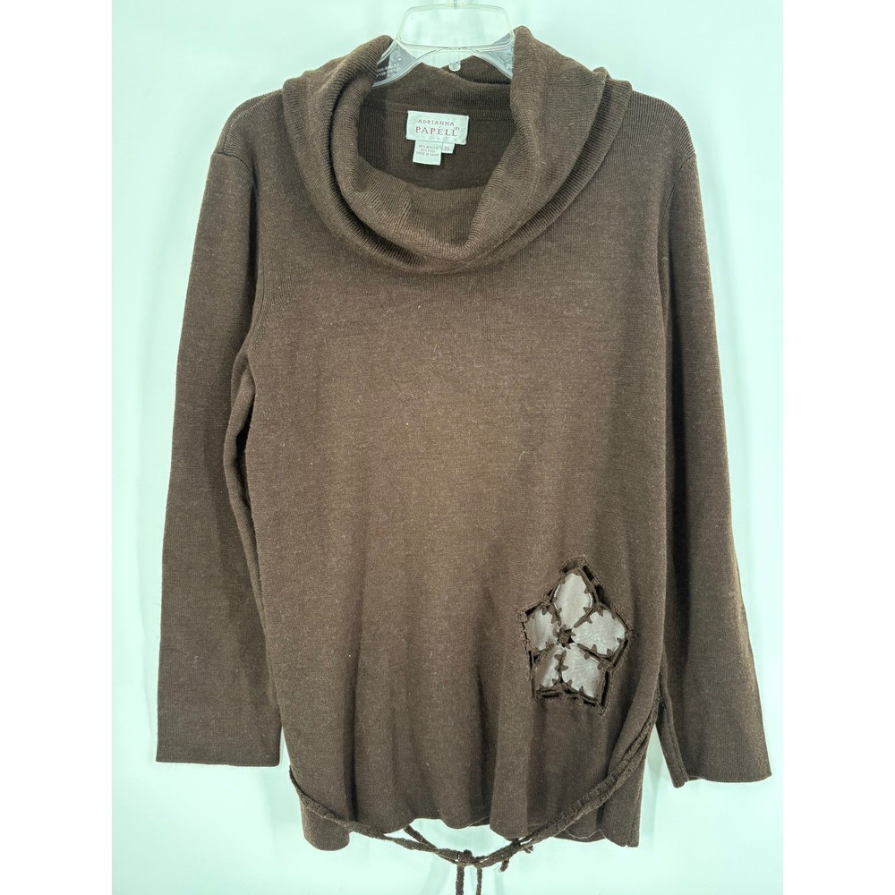 Adrianna Papell Women's Brown Cowl Neck Long Sleeve Sweater XL Floral Accent